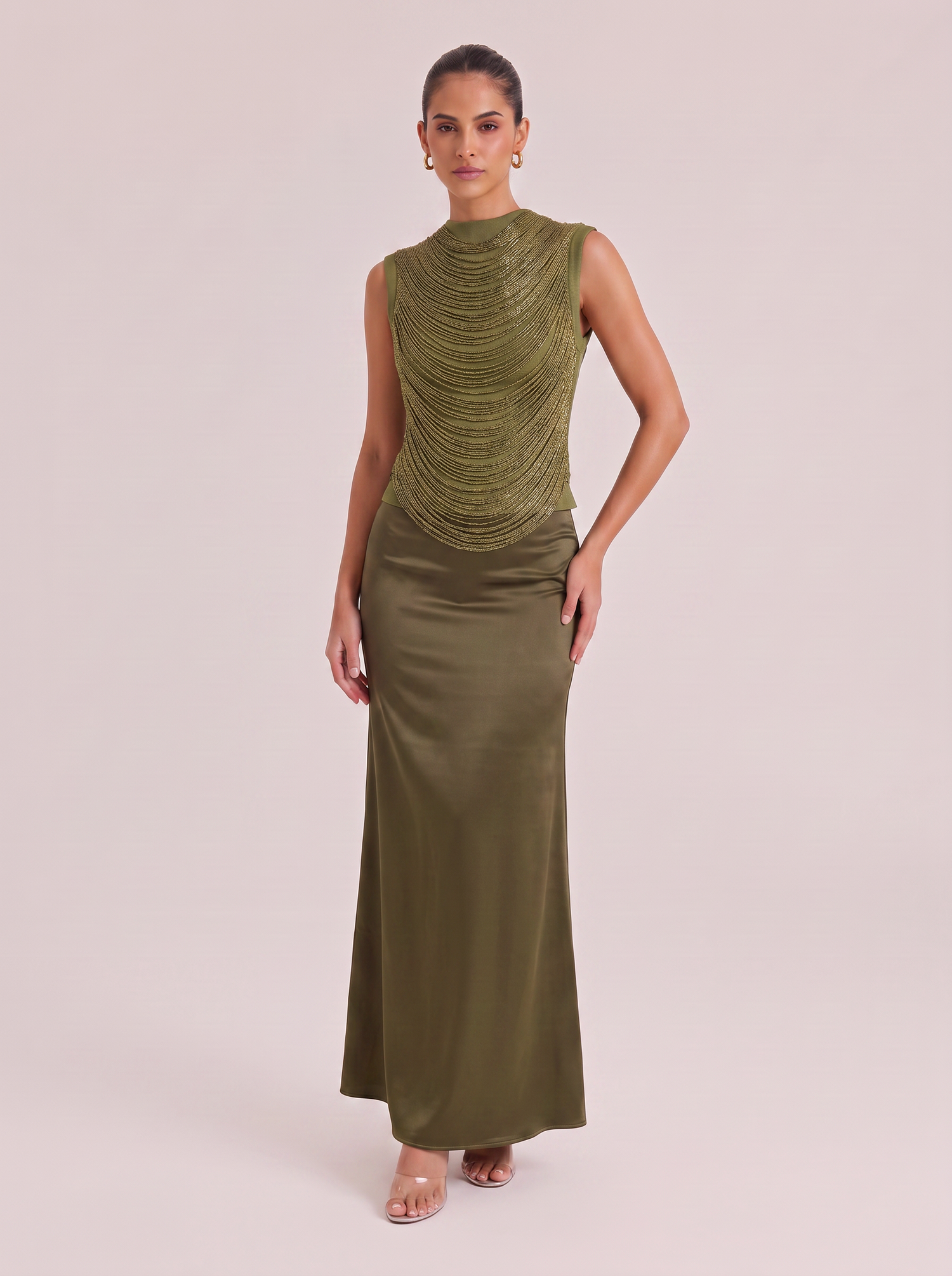 Refined Olive-green Sequined Fringed And Satin-stitched Fishtail Gown With Turtleneck
