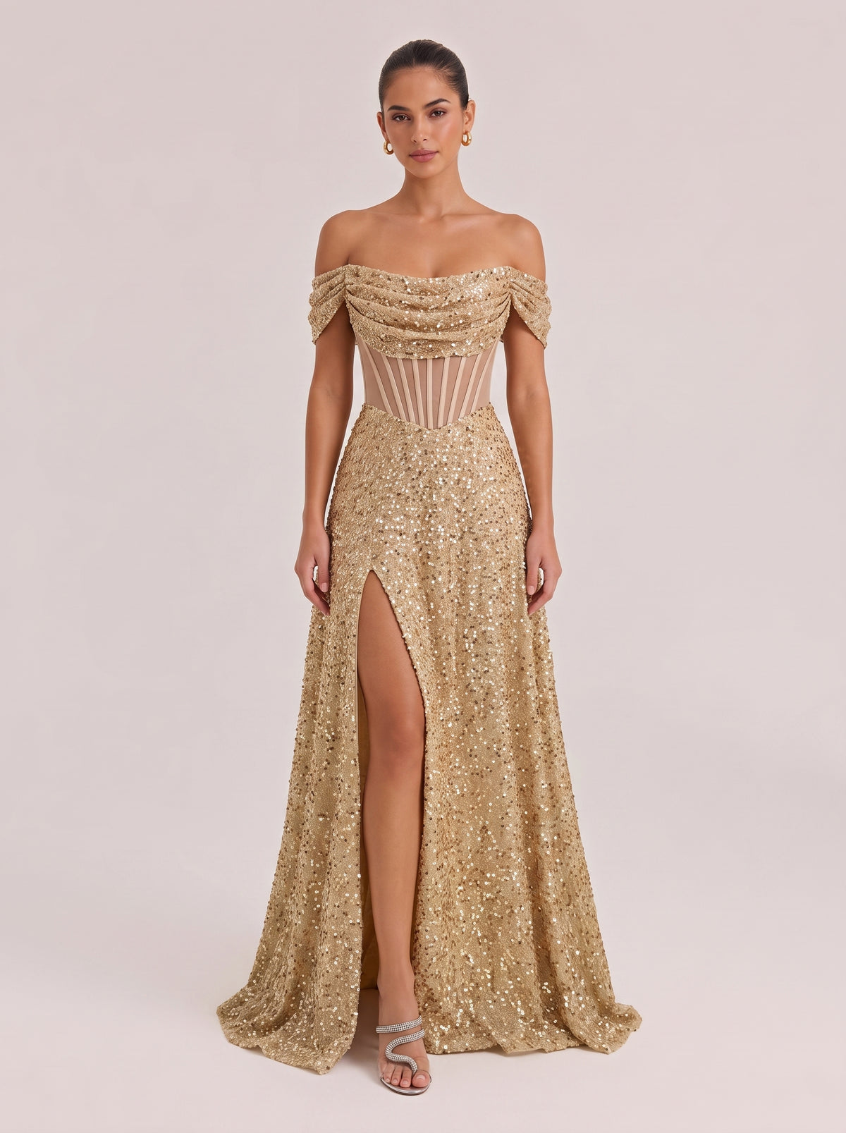 Shoulder Fishbone Waist Sequin Split Long Evening Gown