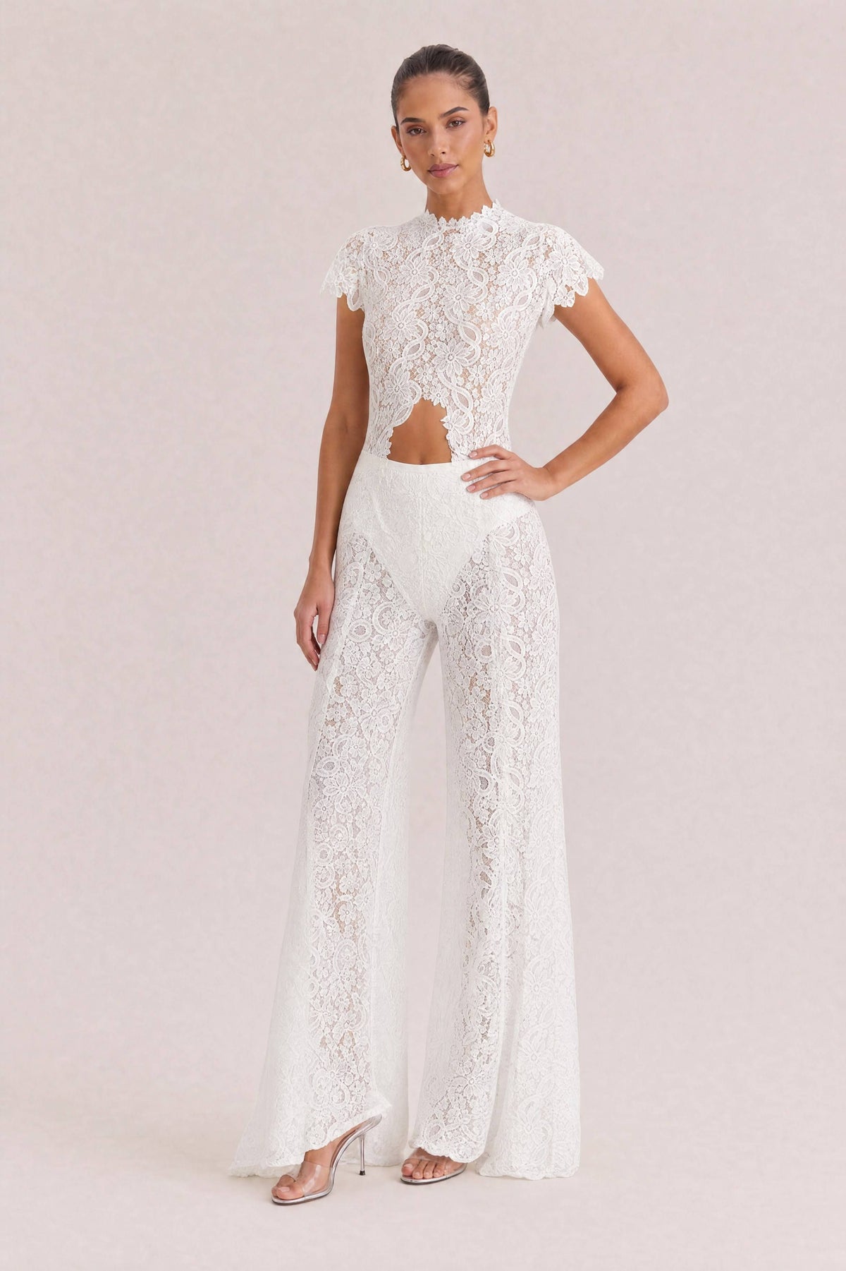 Lace Long-sleeved Top And Wide-leg Pants Set