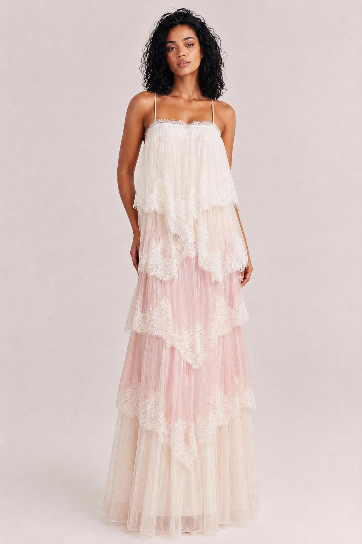 Ombre Tiered Lace Trim Spaghetti Strap Maxi Dress