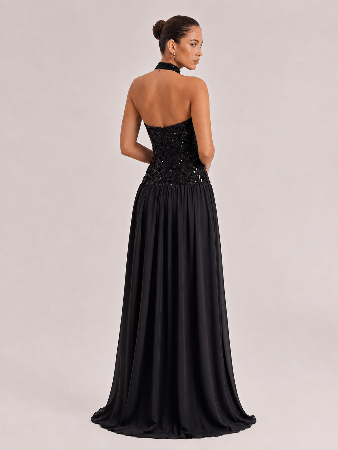 Charm Contour Backless Pleated Gauze Sequin Maxi Dress