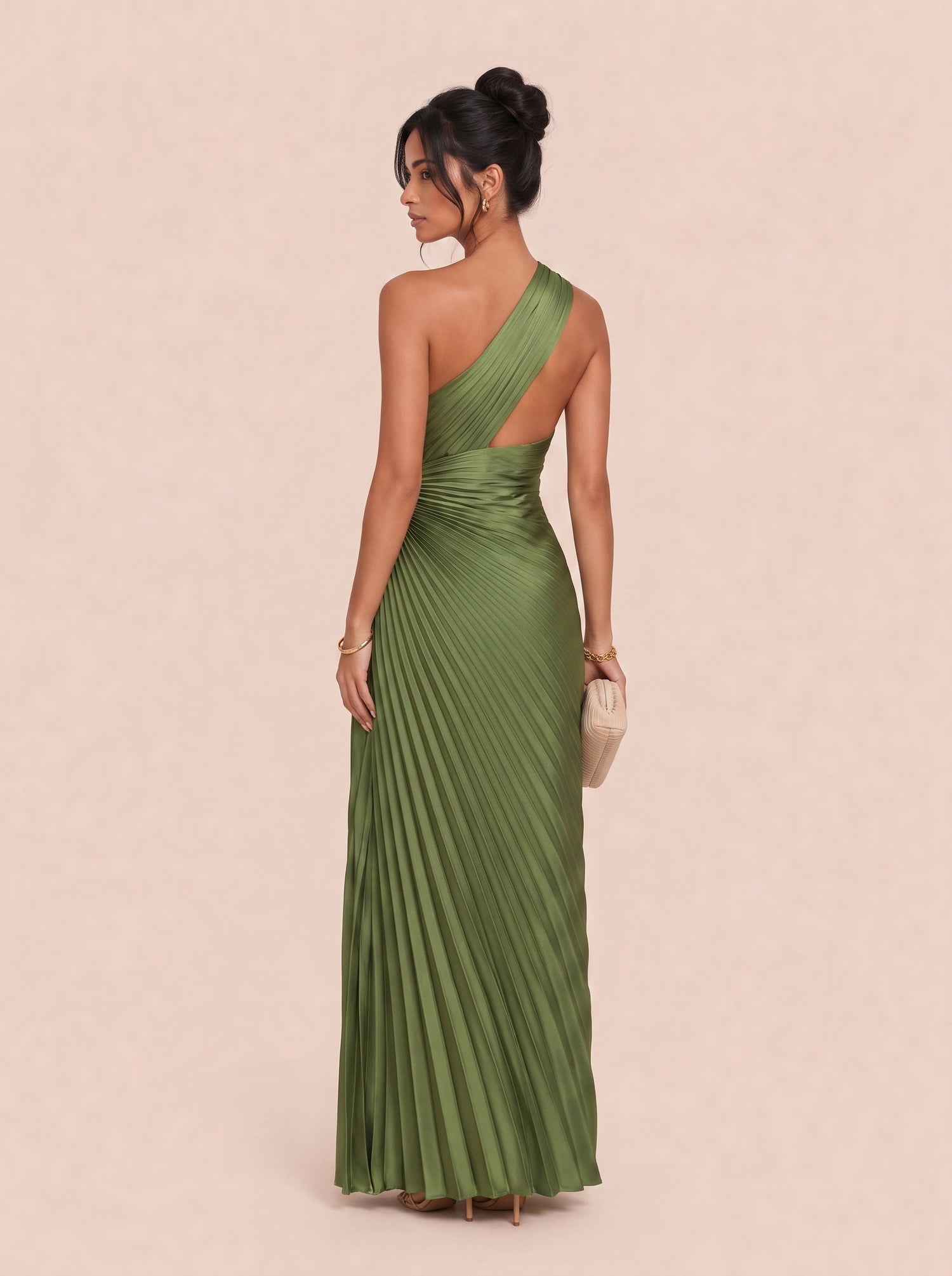 One Shoulder Crossneck Pleated Twisted Satin Long Evening Gown