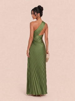 One Shoulder Crossneck Pleated Twisted Satin Long Evening Gown