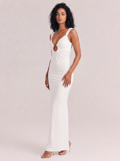 Wide Shoulder Strap Chest Ring Cutout Pleated Slim-fit Hip Long Dress