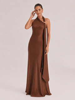 Elegant Bronze One-Shoulder Satin Maxi Dress