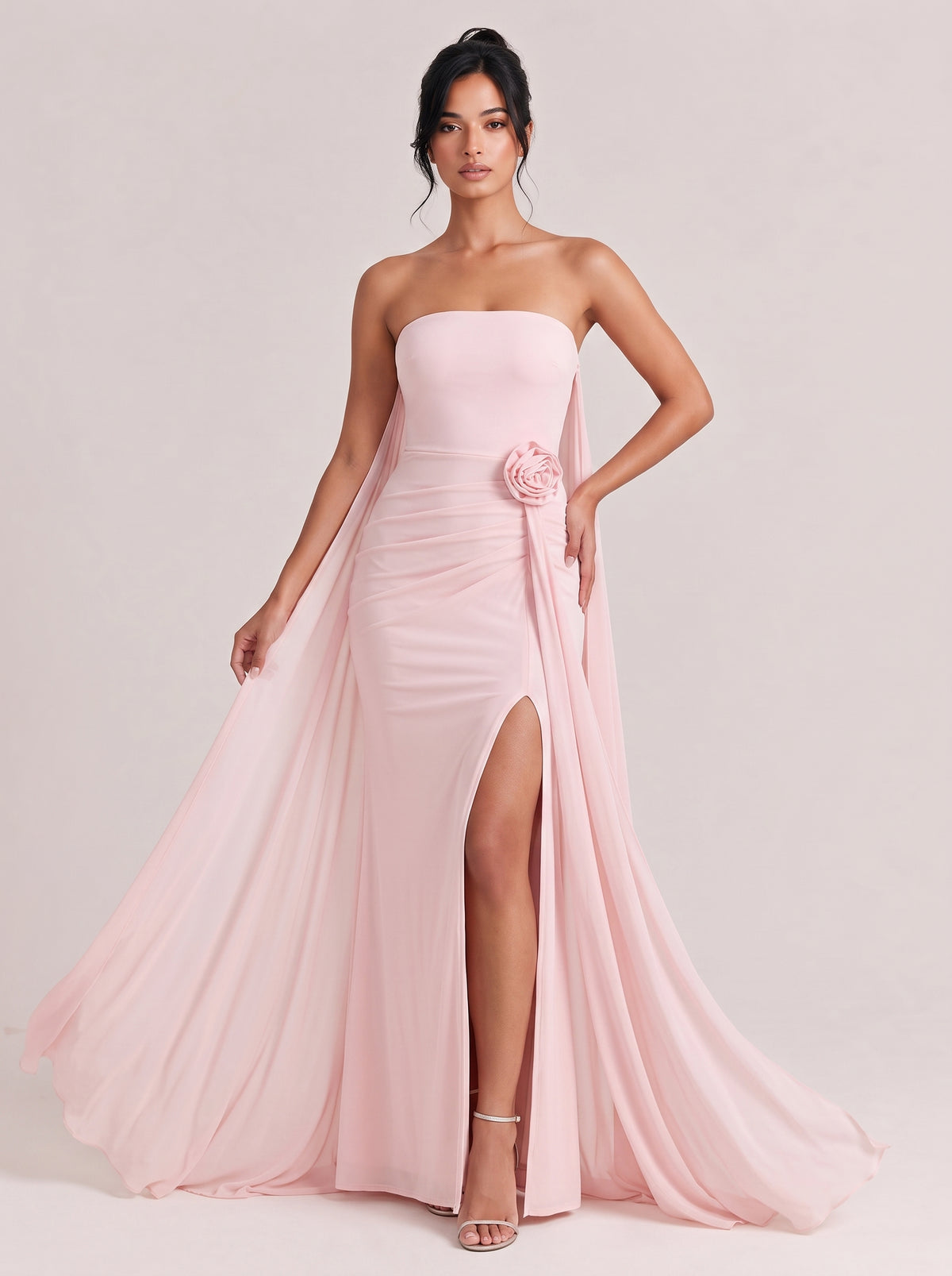 Strapless, Three-dimensional Floral Ruched High-slit Mermaid Maxi Gown With Flowing Ribbons