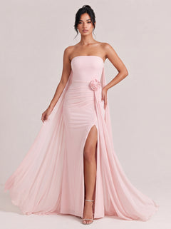 Strapless, Three-dimensional Floral Ruched High-slit Mermaid Maxi Gown With Flowing Ribbons