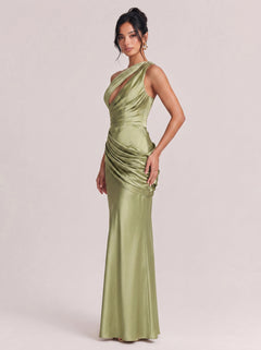 Hanging Neck Cutout Pleated Waisted Satin Fishtail Long Gown
