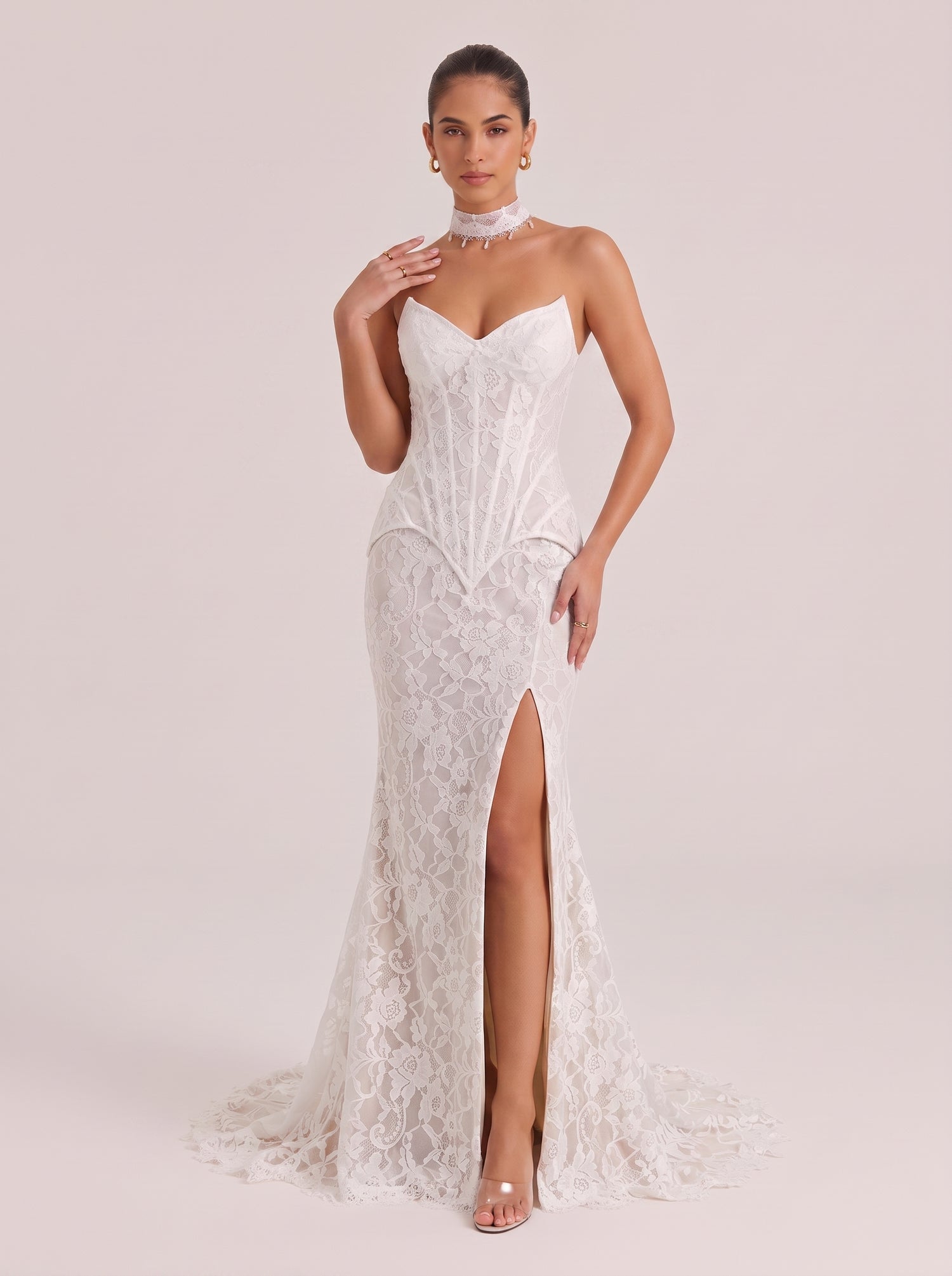 Deep V Lace Fishbone Tunic High Split Trailing Sling Dress