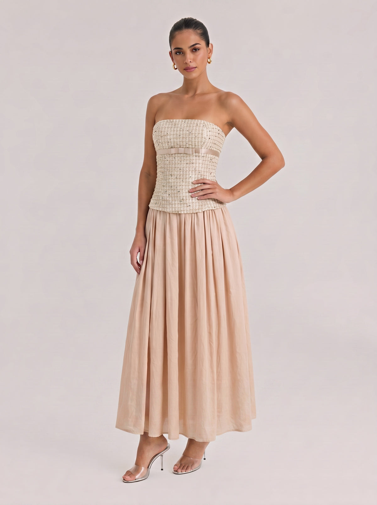 Small Chanel Style Stitching Strapless Long Dress With Tight Waist And Large Swing