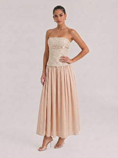 Small Chanel Style Stitching Strapless Long Dress With Tight Waist And Large Swing