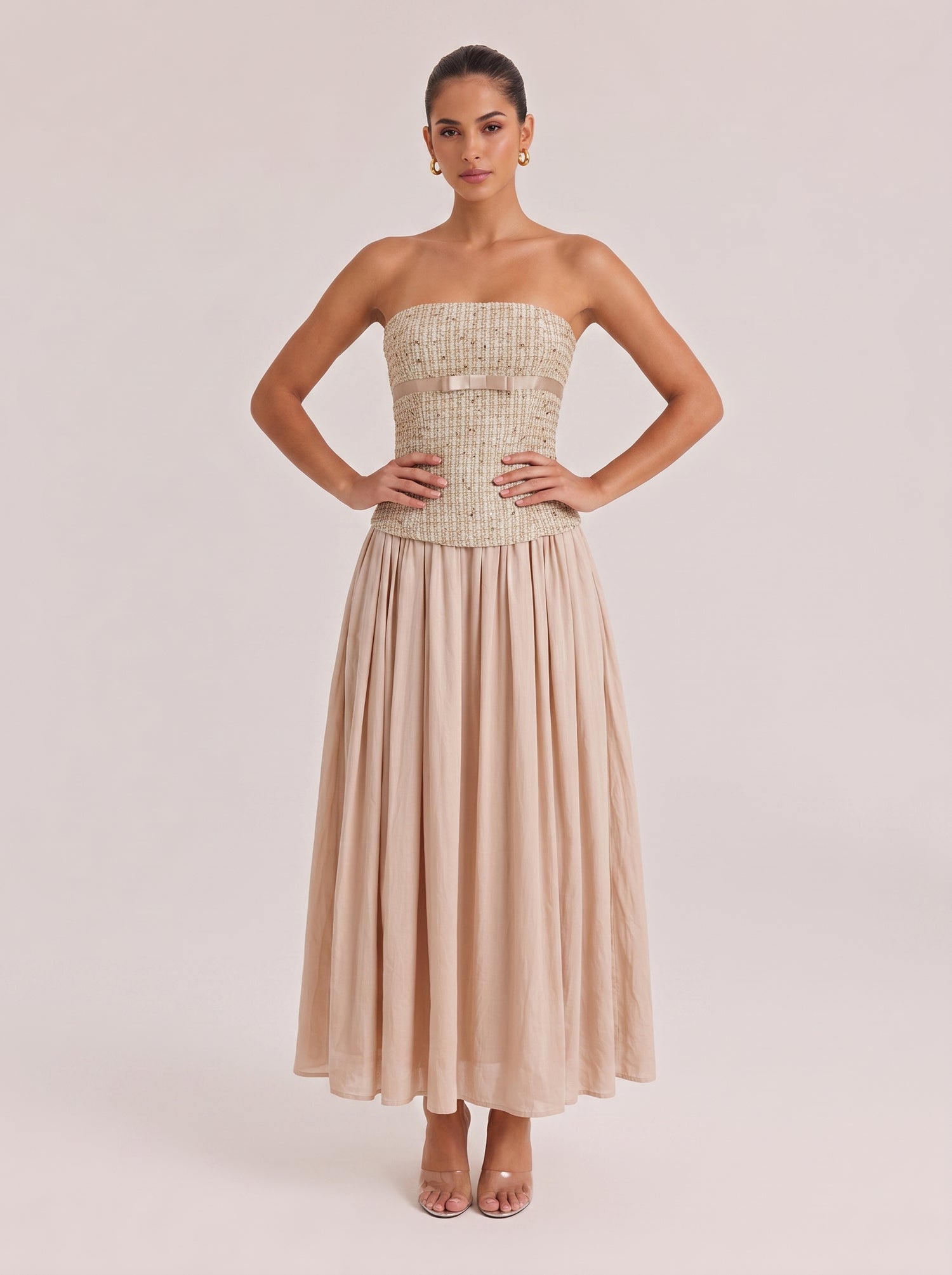 Small Chanel Style Stitching Strapless Long Dress With Tight Waist And Large Swing