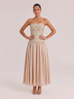 Small Chanel Style Stitching Strapless Long Dress With Tight Waist And Large Swing