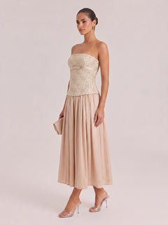 Small Chanel Style Stitching Strapless Long Dress With Tight Waist And Large Swing
