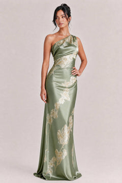 Elegant One-shoulder Floral Satin Maxi Dress