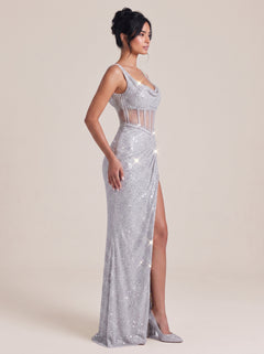Silver Fine Strap Full Diamond Perspective Fishbone Waist High Split Fishtail Evening Dress