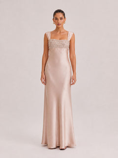 Champagne Pink Satin Asymmetrical Shoulder Maxi Dress With Crystal Embellished Bust