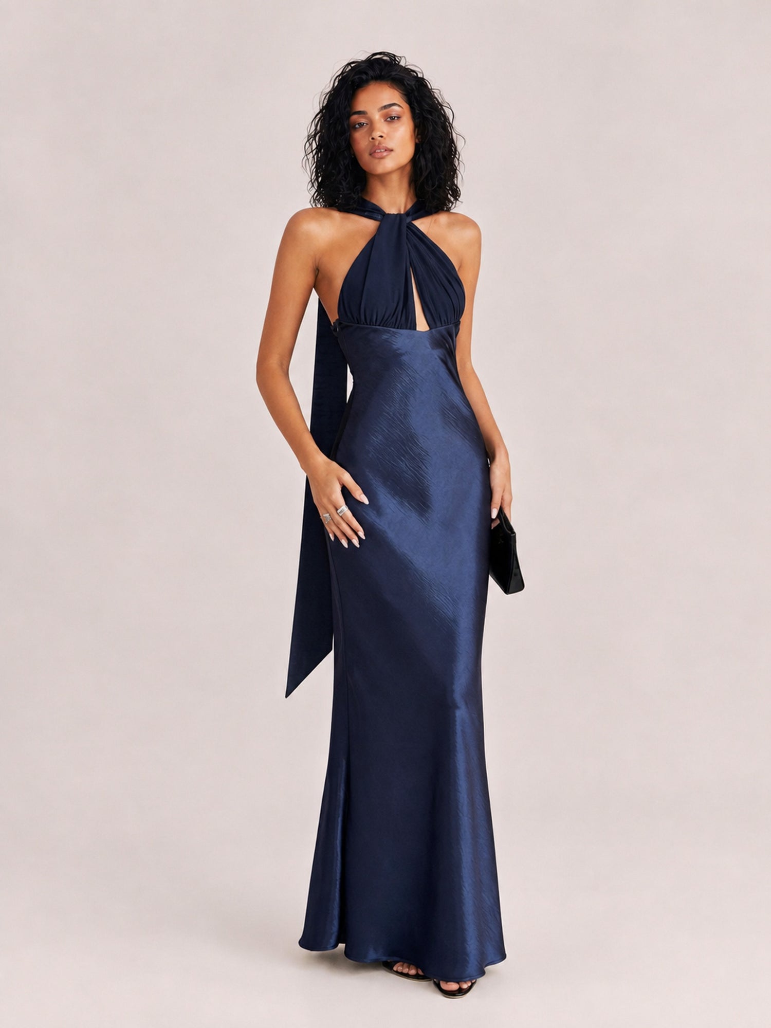 Lustrous Satin Halter Twist Neck Maxi Dress With Side Slit