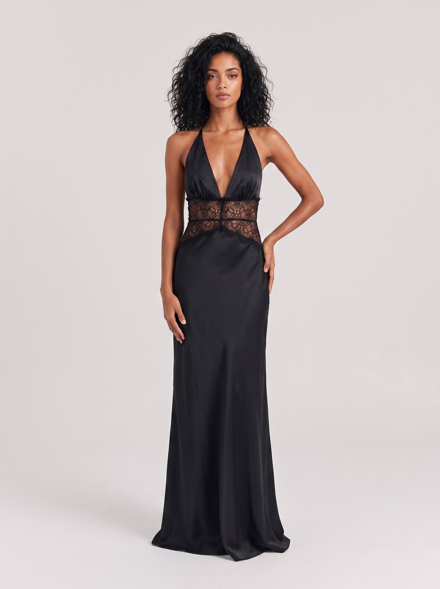 Satin Neck Deep V Black Lace Waist Stitching Slim-fit Long Dress