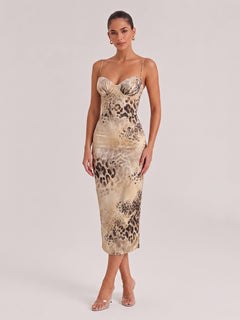 Vintage Leopard-Print Satin Fine Strap Steel Bra Tight-Waist Slim-Fit Mid-Length Dress
