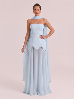 Strapless Shoulder Satin Pearl Stitching Chiffon Long Light Wedding Dress