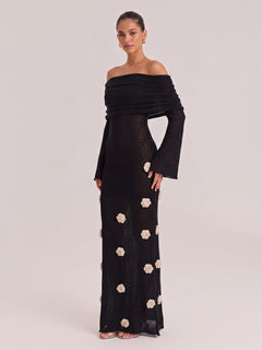 Black Off-shoulder Pleated Long Sleeve Three-dimensional White Flower Slim Fishtail Long Dress