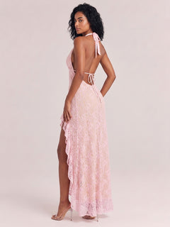 Light Pink Deep V Neck Lace Hollow High Split Irregular Dress