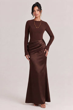 Elegant Long-Sleeved Draped Satin Maxi Dress