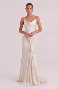 Elegant Floral Embellished Satin Draped Maxi Dress