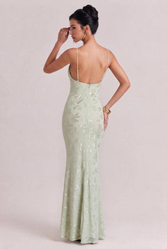 Light Green Flocking Floral Fine Sling V-neck Backless Slim-fit Fishtail Long Dress