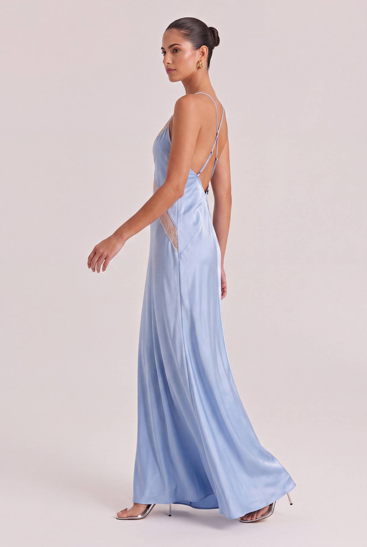 Light Blue Satin Lace V-neck Thin Strap Tight Waist High Split Slim-fit Long Dress