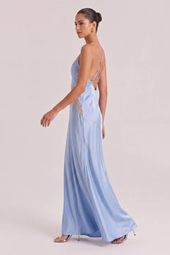 Light Blue Satin Lace V-neck Thin Strap Tight Waist High Split Slim-fit Long Dress