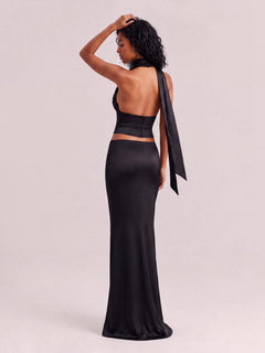 Chic Black Beaded Halter Top And High-Waisted Satin Skirt Co-ord Set