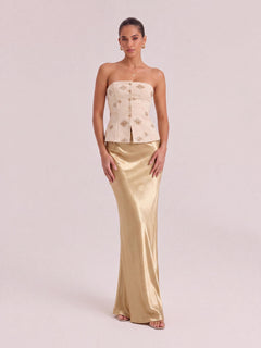 Embroidered Strapless Bustier & High-Waisted Flare Gown