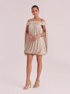 Elegant Off-Shoulder Pleated Bubble Mini Dress With Sheer Mesh Panels
