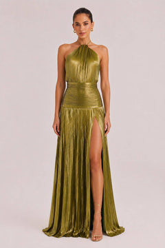 Elegant Metallic Pleated Halter Neck Maxi Dress