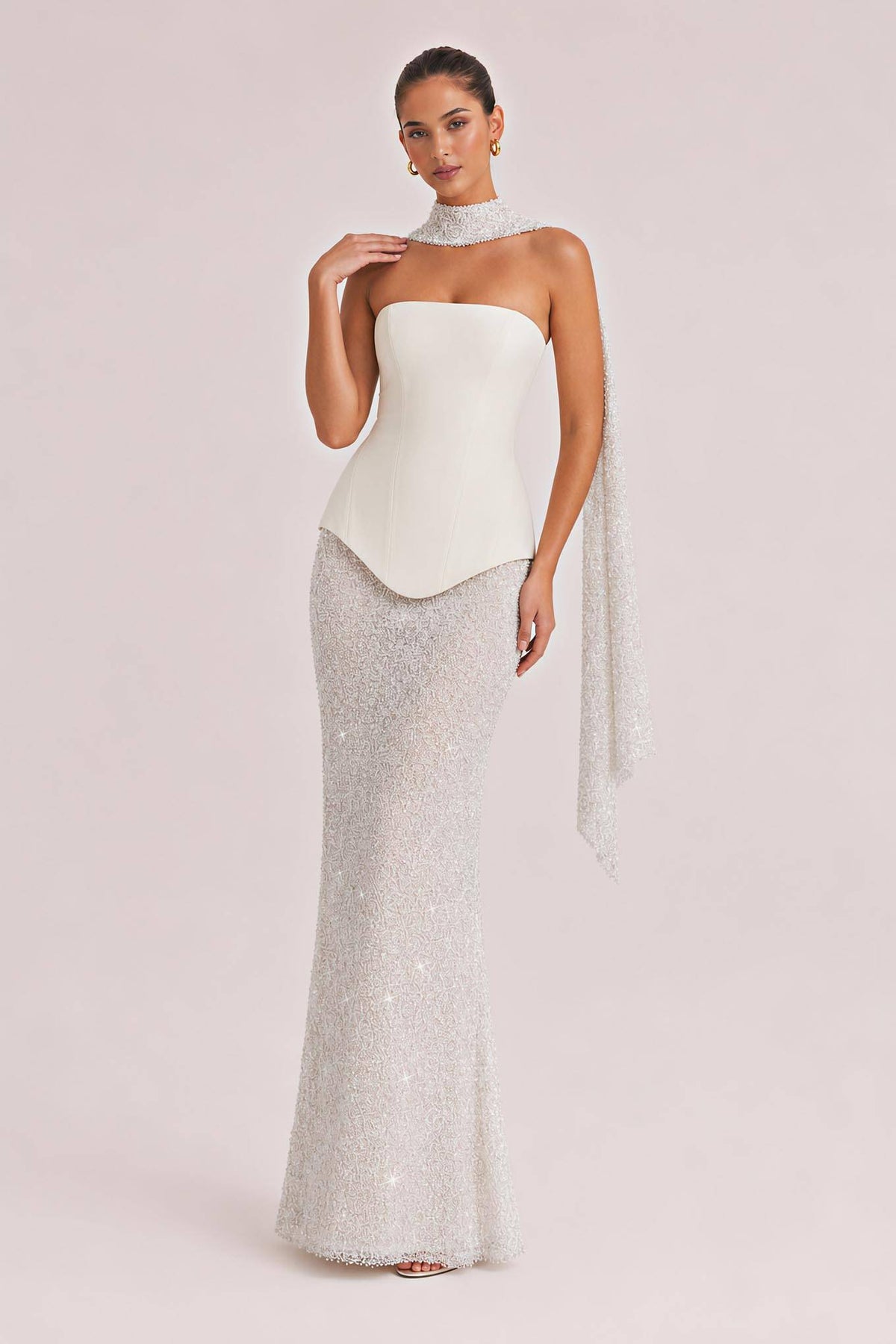 Elegant Strapless Sequin Skirt And Shawl Two-Piece Set