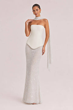 Elegant Strapless Sequin Skirt And Shawl Two-Piece Set