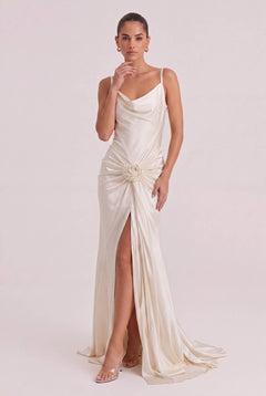 Elegant Floral Embellished Satin Draped Maxi Dress
