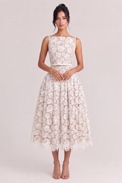 French Boat Neck Hollow Floral Lace Dress High Waist Satin Belt Umbrella Swing Date Light Wedding Dress