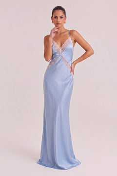 Light Blue Satin Lace V-neck Thin Strap Tight Waist High Split Slim-fit Long Dress