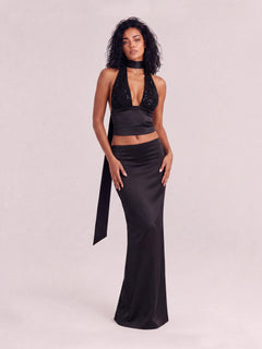 Chic Black Beaded Halter Top And High-Waisted Satin Skirt Co-ord Set