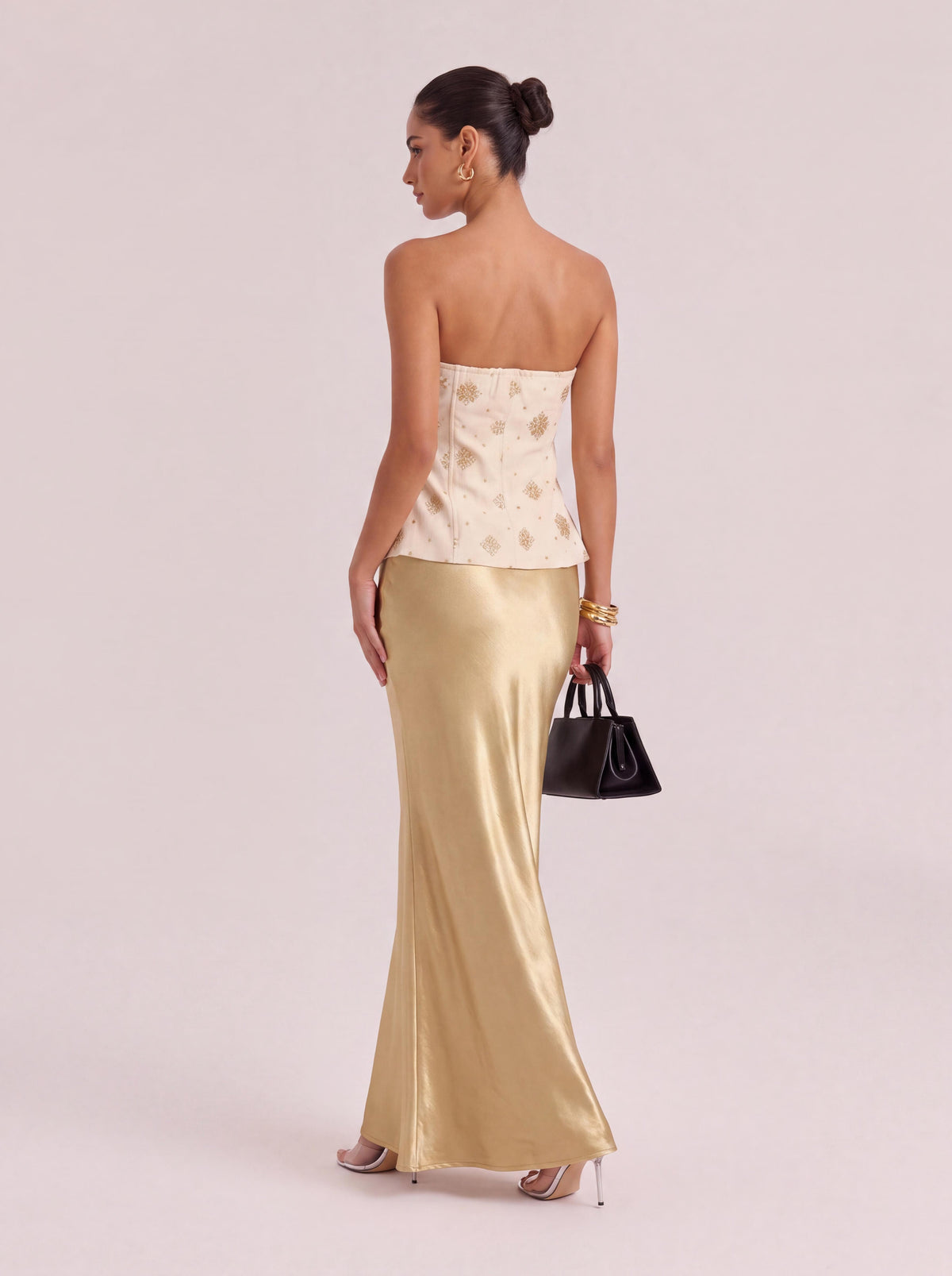 Embroidered Strapless Bustier & High-Waisted Flare Gown