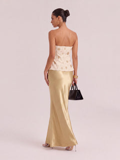 Embroidered Strapless Bustier & High-Waisted Flare Gown