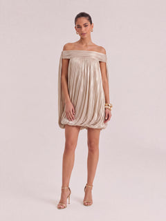 Elegant Off-Shoulder Pleated Bubble Mini Dress With Sheer Mesh Panels