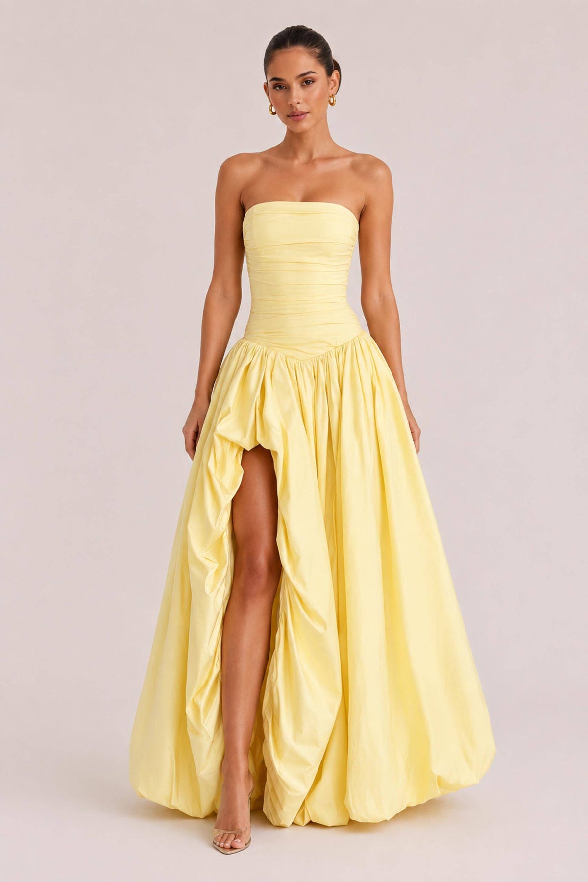 Elegant Strapless Ruched High-Slit Ball Gown Maxi Dress