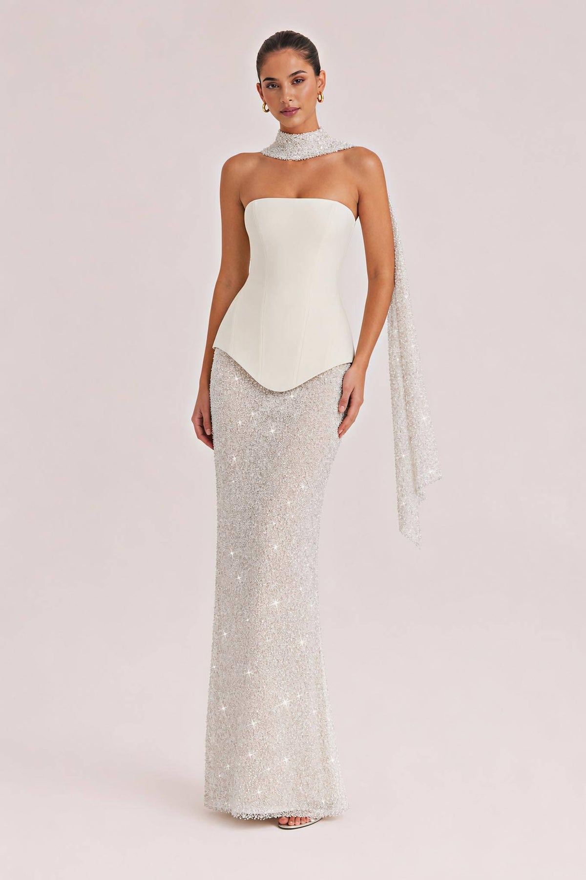 Elegant Strapless Sequin Skirt And Shawl Two-Piece Set