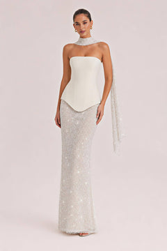 Elegant Strapless Sequin Skirt And Shawl Two-Piece Set