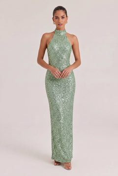 Elegant Halter Neck Sequined Maxi Dress