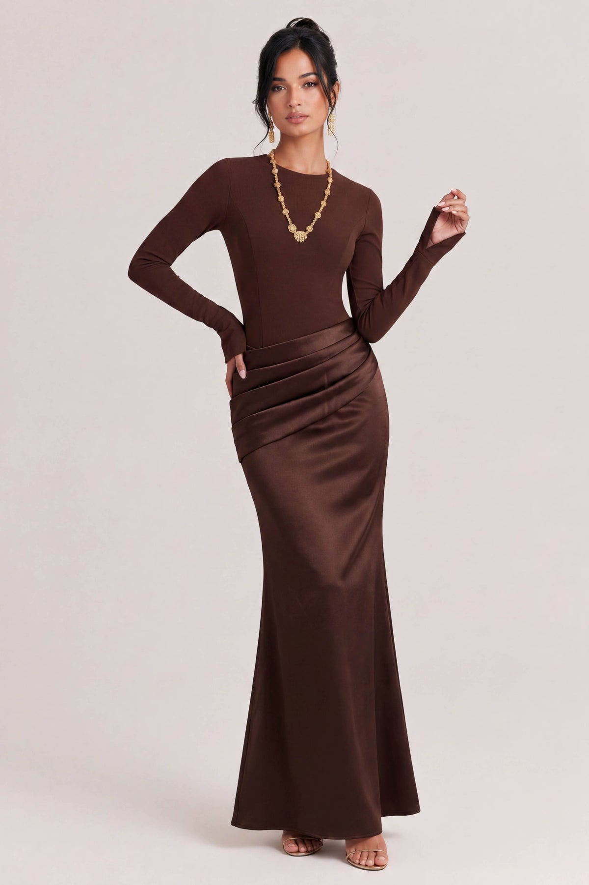 Elegant Long-Sleeved Draped Satin Maxi Dress